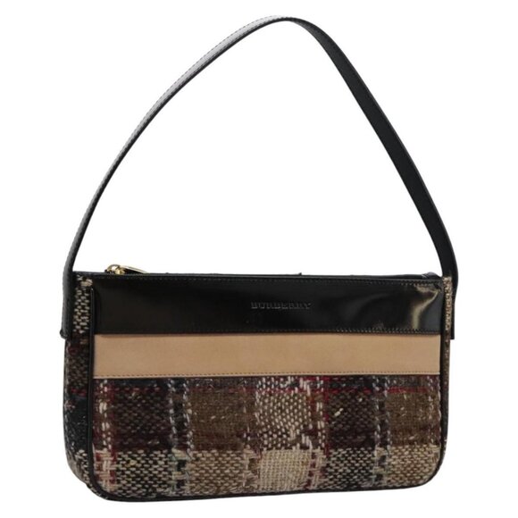 BURBERRY Nova Check Shoulder Bag Wool Suede Leather Beige Black gold